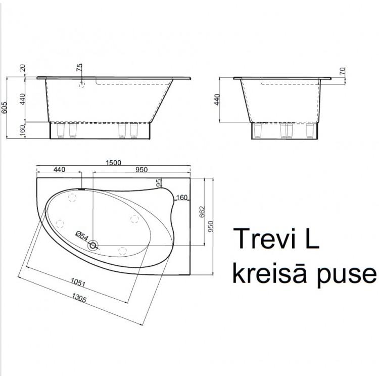 Stūra vanna Vispool TREVI L 150x95 L/K