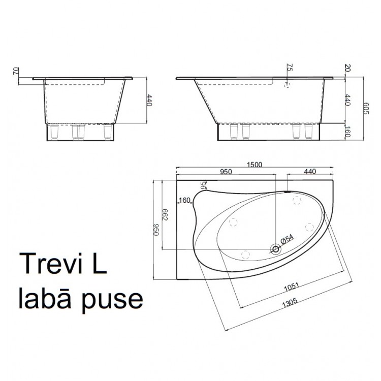 Stūra vanna Vispool TREVI L 150x95 L/K