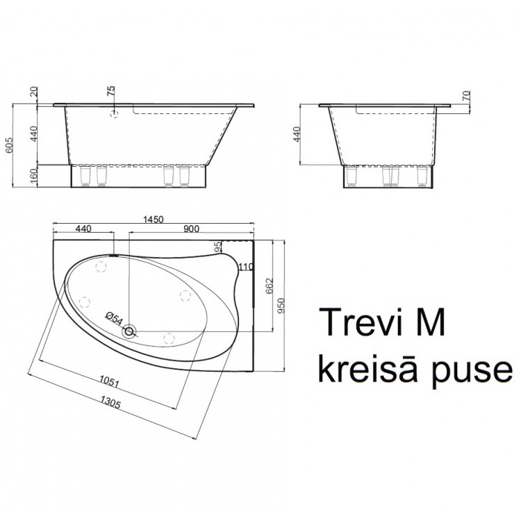 Stūra vanna Vispool TREVI M 145x95 L/K