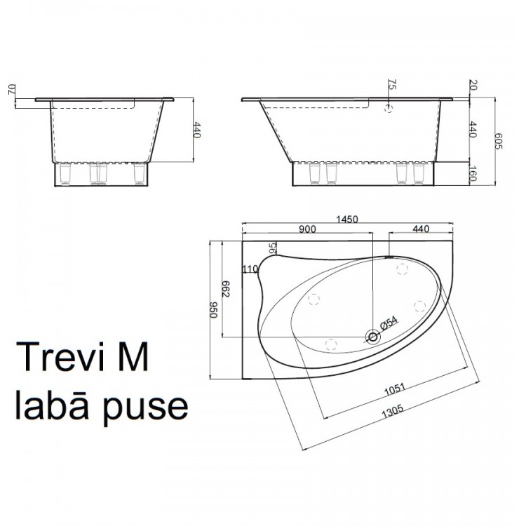 Stūra vanna Vispool TREVI M 145x95 L/K