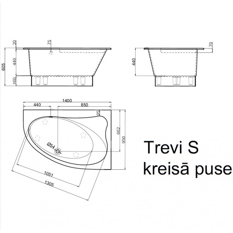 Stūra vanna Vispool TREVI S 140x95 L/K