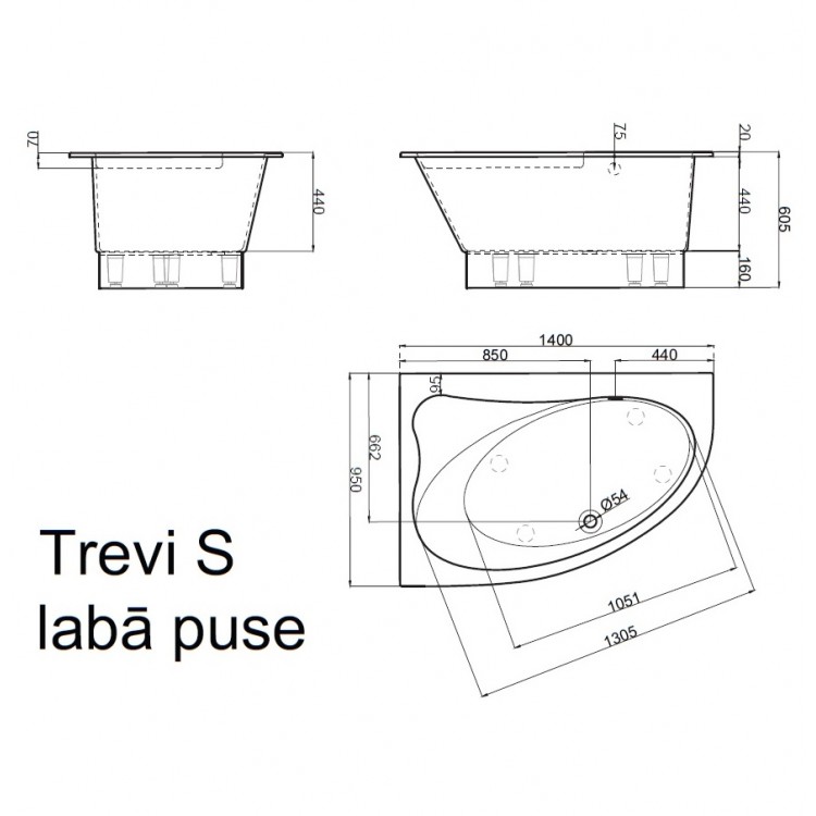 Stūra vanna Vispool TREVI S 140x95 L/K