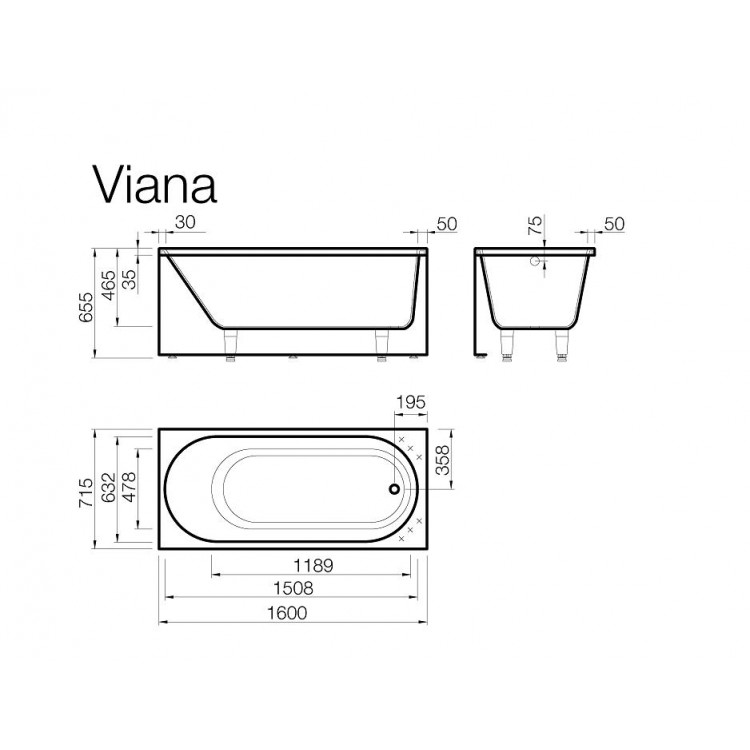 Taisnstūra vanna Vispool VIANA 1600x715 mm