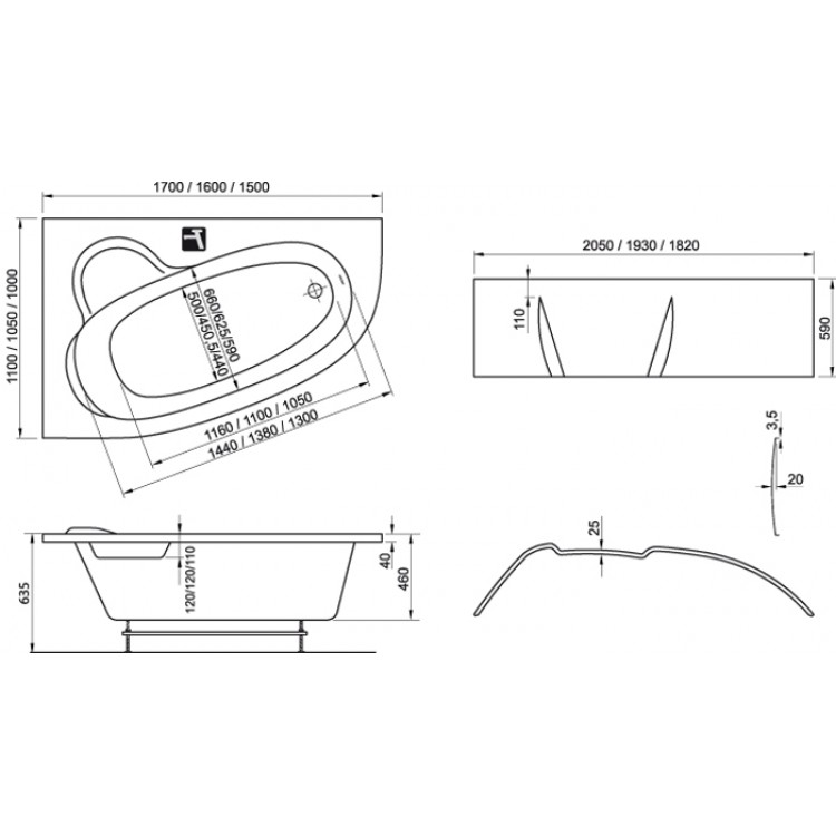 Stūra vanna RAVAK ASYMMETRIC 160x105, komplekts