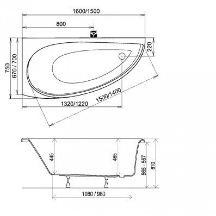 Stūra vanna RAVAK Avocado L/R 150x75, komplekts