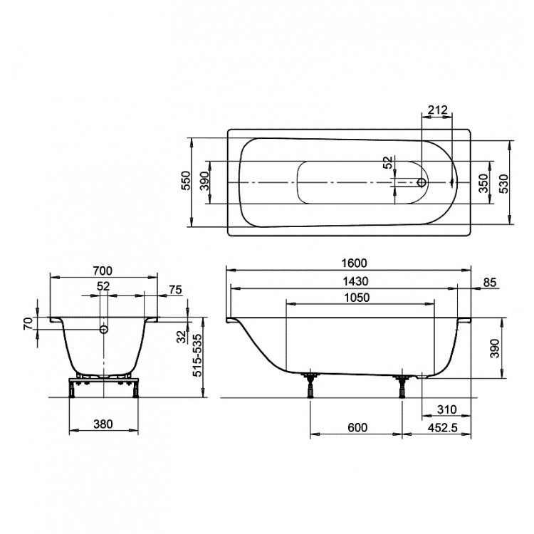 Taisnstūra vanna Kaldewei Tērauda EUROWA 1600x700 mm