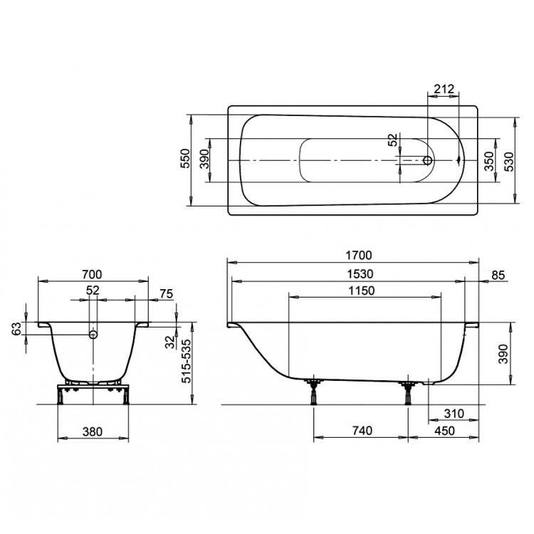 Taisnstūra vanna Kaldewei Tērauda EUROWA 1700x700 mm