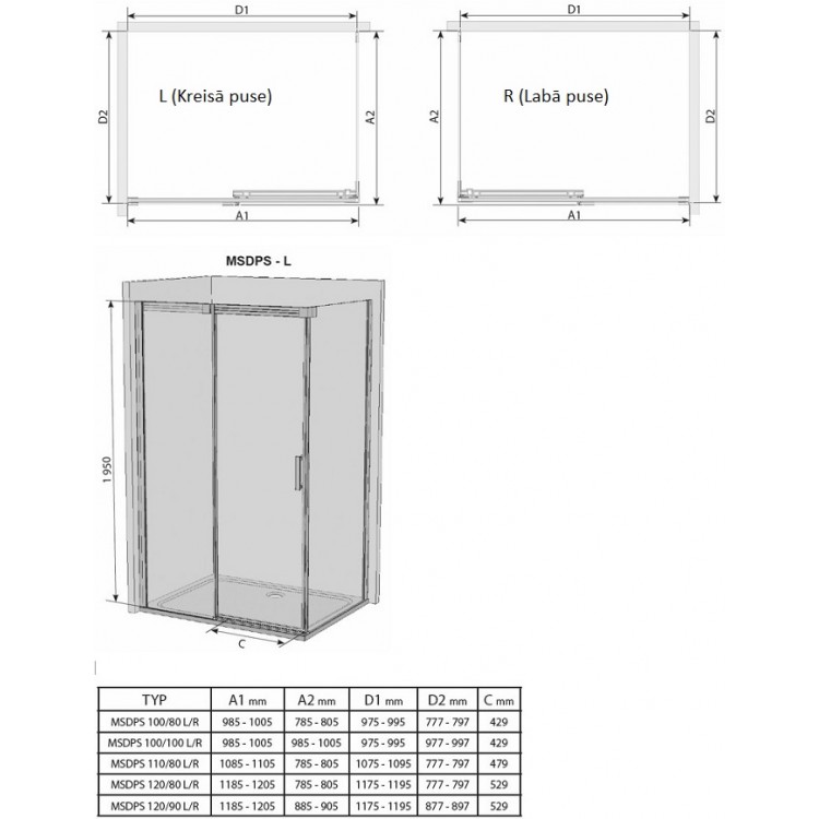 Dušas stūris taisnstūra RAVAK MATRIX MSDPS 110x80cm, L/R