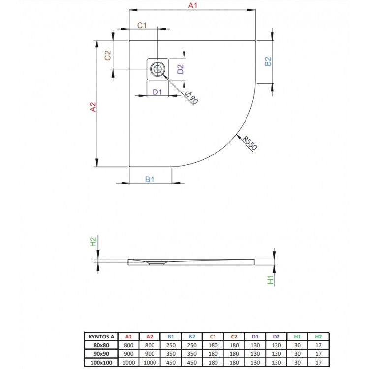 Dušas paliktnis pusapaļš Radaway KYNTOS A 100x100cm, balts