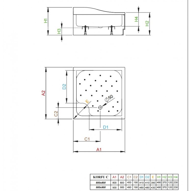 Dušas paliktnis dziļais Radaway KORFU C 800x800, balts