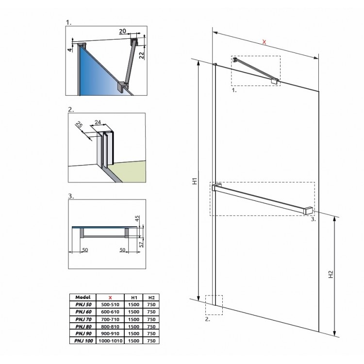 Vannas sieniņa Radaway IDEA PNJ ar dvieļu turētāju 50 cm