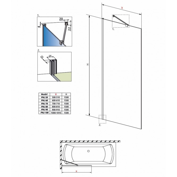 Vannas sieniņa Radaway IDEA PNJ 80 cm
