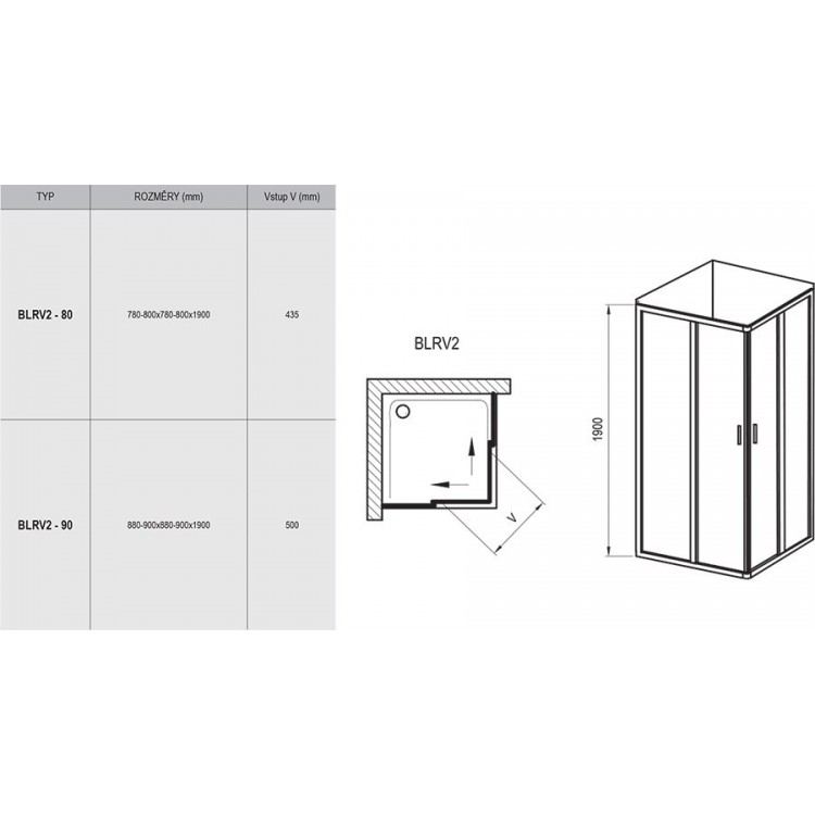 Dušas stūris kvadrātveida RAVAK BLRV2 90x90cm, balts/matēts