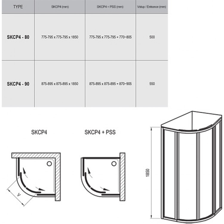 Dušas stūris pusapaļš RAVAK SKCP4 90x90cm, satīns/polistirols