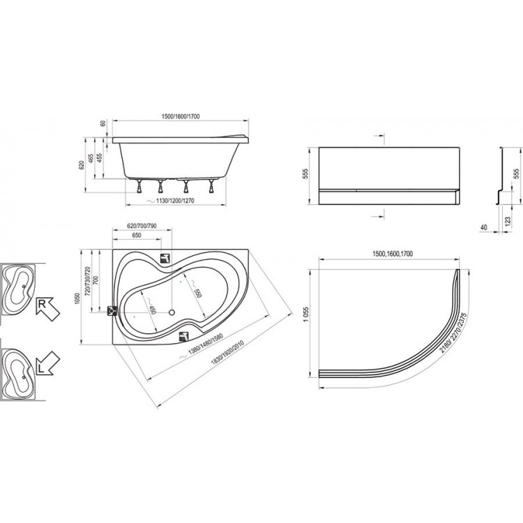 Stūra vanna Ravak ROSA II L/R 170x105, komplekts