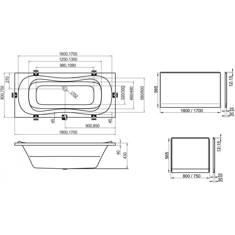 Taisnstūra vanna A RAVAK CAMPANULA II 170x75, komplekts