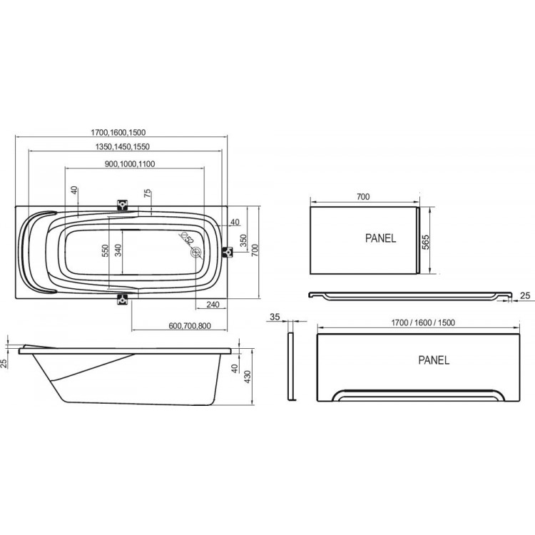 Taisnstūra vanna A RAVAK VANDA II 160x70, komplekts