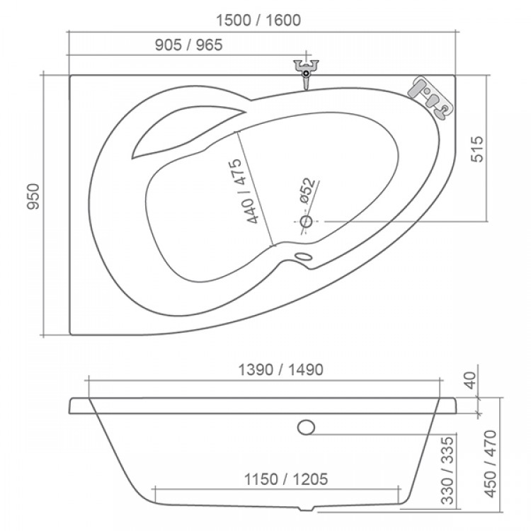Stūra vanna Roltechnik HARMONIA 150x95 cm