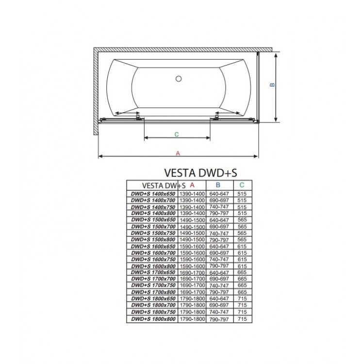 Vannas sieniņa ar bīdāmām durvīm Radaway Vesta DWD+S 160x75cm