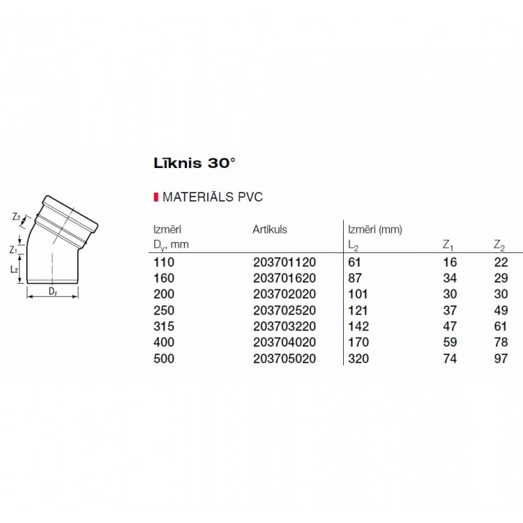 PVC Ārdarbu kanalizācijas līkums DN250 30°
