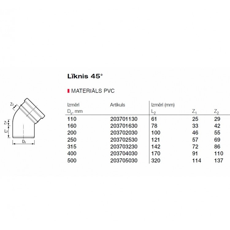 PVC Ārdarbu kanalizācijas līkums DN250 45°