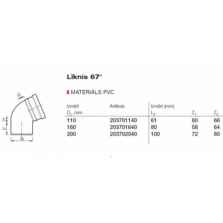 PVC Ārdarbu kanalizācijas līkums DN110 67°