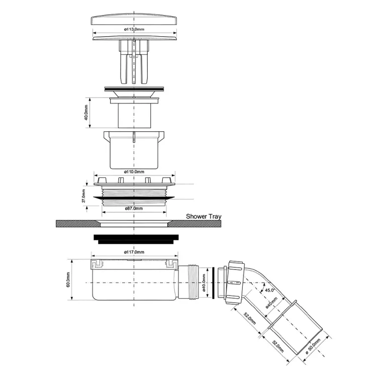 Dušas sifons McAlpine D90, hroms HC2730LCPN-PB
