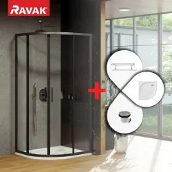 Dušas stūra komplekts pusapaļš RAVAK Blix Slim BLSCP4 80x80cm ar paliktni, melns