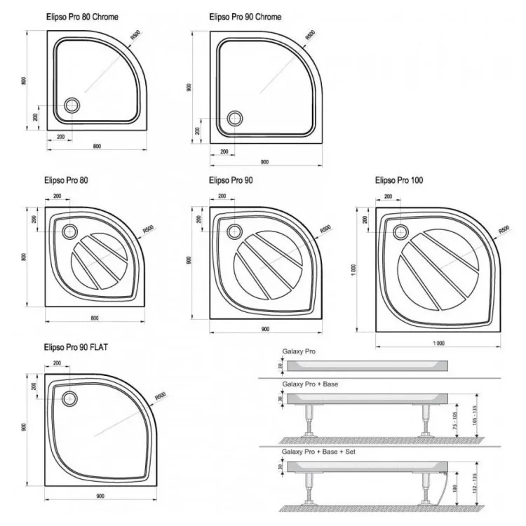 Dušas stūra komplekts pusapaļš RAVAK Blix Slim BLSCP4 80x80cm ar paliktni, melns